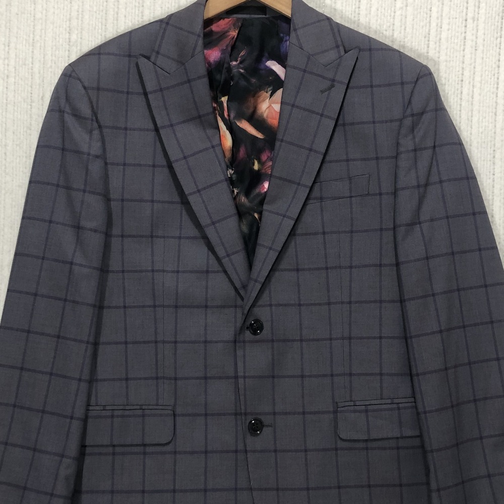Sean John Mens 40R Grey Windowpane Check Blazer Floral Lining Stretch Jacket